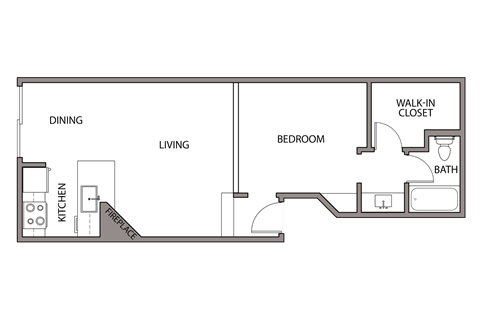Floor plan for 1 bed, 1 bath, 620 sqft